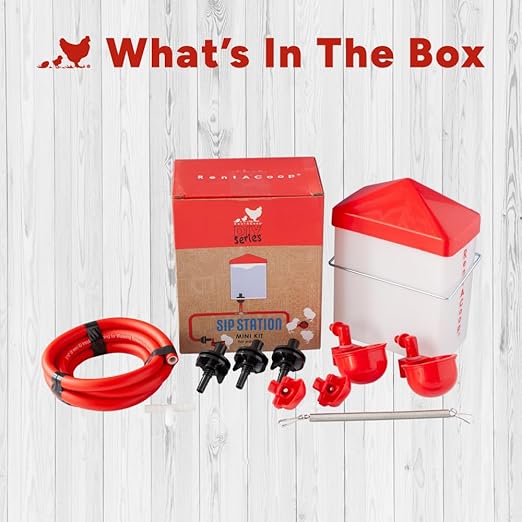 RentACoop DIY Sip Station Watering System Mini Kit; Includes Tubing, Brass Nozzles, Metal Auto-Fill Cups, Tubing Adaptors, T-Connectors, and 64oz Bottle; Great for Chickens, Quail and Other Poultry