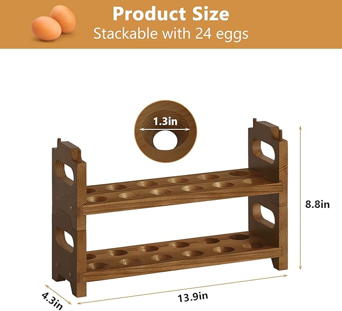 Wooden Egg Holder Countertop Fresh Chicken Egg Holders Storage for Gathering Fresh Eggs, 2-Tier Stackable with 24 Eggs, Farmhouse Home Eggs Rack Organizer Decoration