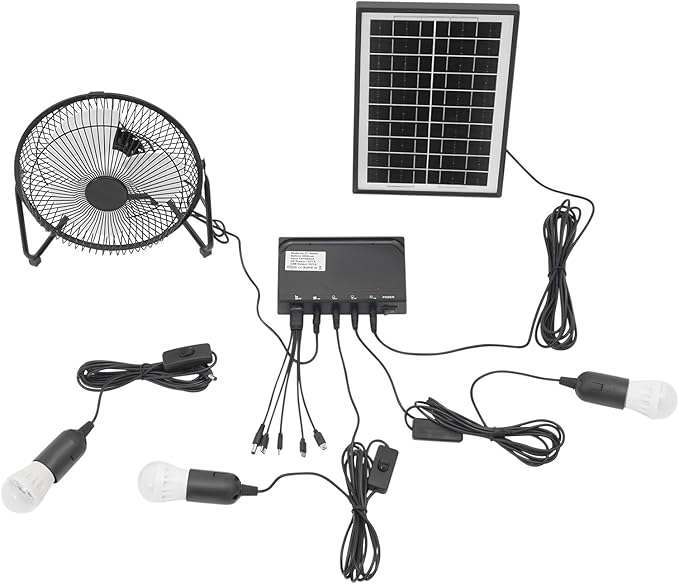 Solar Powered Fan with 3 Bulbs, Solar Powered Fan for Chicken Coop, Sheds, Pet Houses and Window Sill Ventilation, 5-in-1 Cables Included, Supports charging of mobile phones and digital cameras