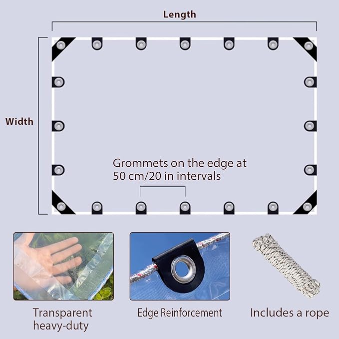 Clear Tarp 4.5x16.4 ft, 8 Mil Clear Vinyl PVC Tarp Waterproof Tarpaulin 90% Transparent PVC Tarps Small Cover Plastic Sheeting Window Sheets Drop Cloth for Garden Patio Curtains