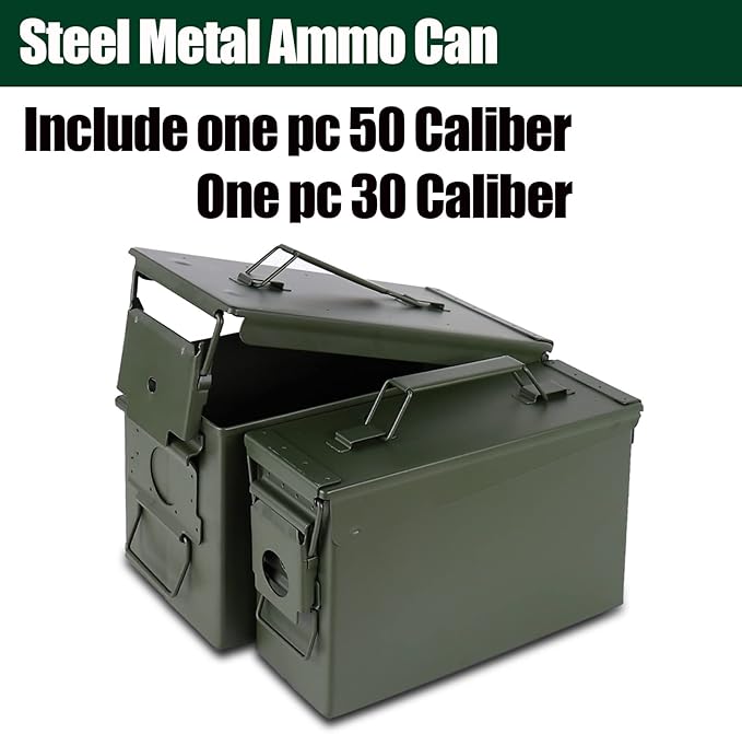 Steel Metal Ammo Can Case Set 30 cal and 50 Cal for Military Army Solid Holder Box for Long-Term Shotgun Rifle Nerf Gun Ammo Storage with Flip Top