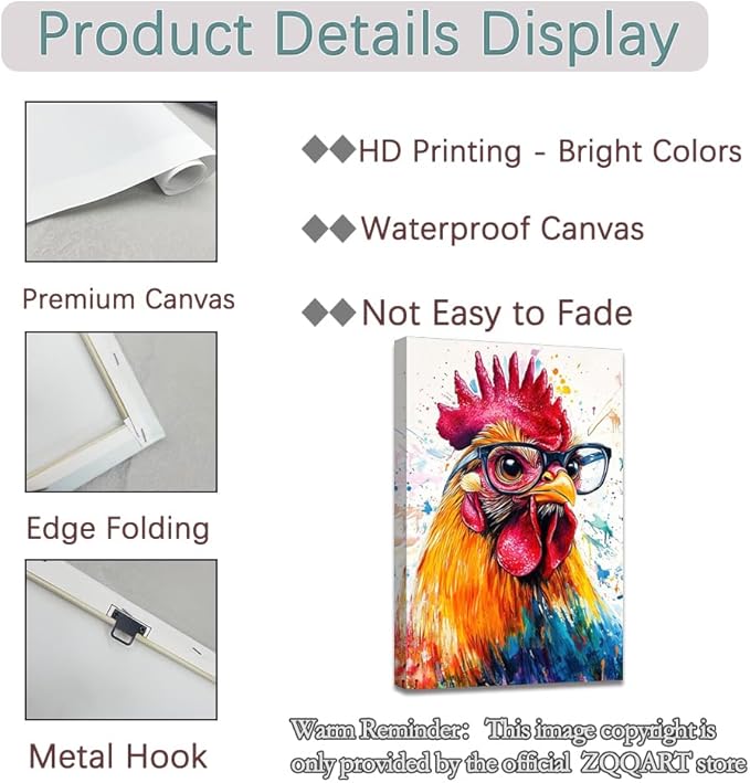 ZQQART Rooster Canvas Wall Art Funny Chicken Portrait Picture Prints Rustic Animal Painting Artwork Farmhouse Kitchen Decor Framed(White,16.00" x 24.00")