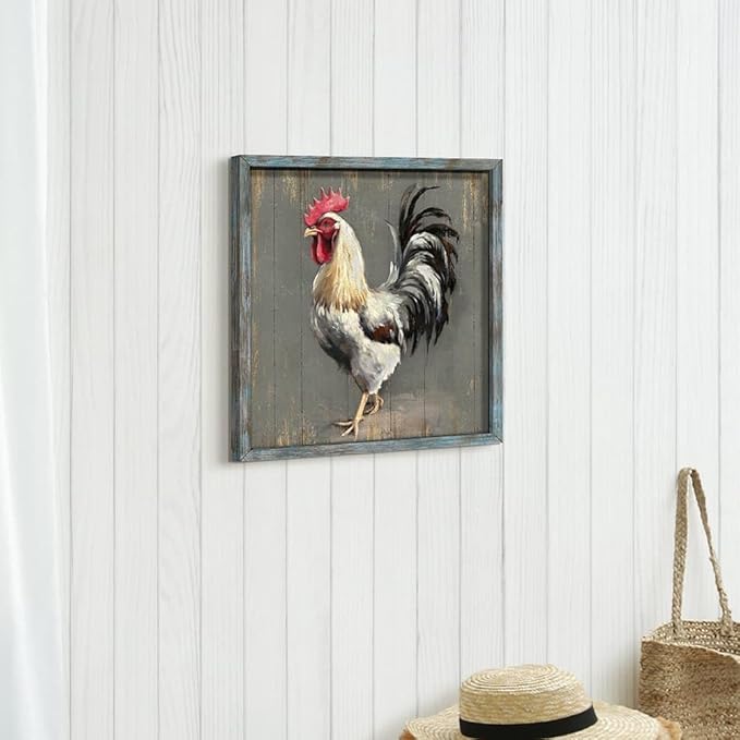 Rooster Wooden Wall Art Decor: Farm Cock Picture Country Animal Framed Artwork Rustic Farmhouse Chicken Painting for the Kitchen Living Room 16"x16"