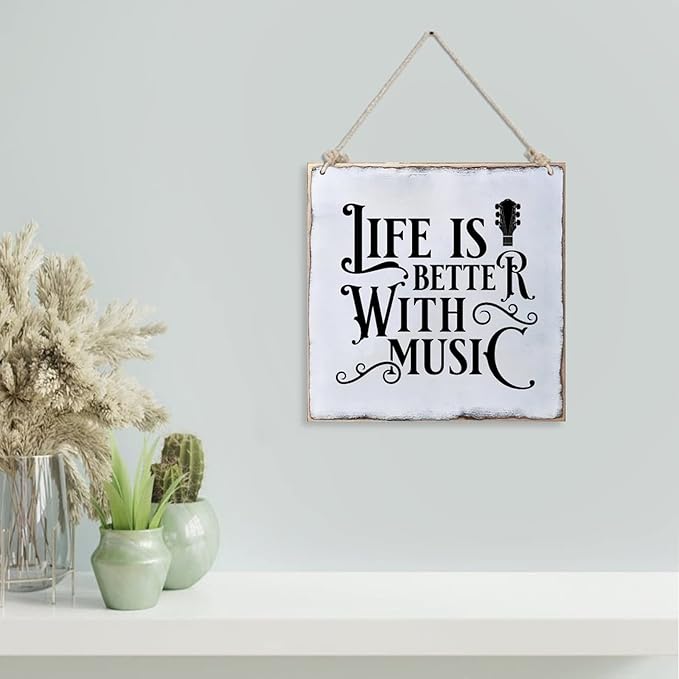 Distressed Look Wood Sign Life is Better with Music Rustic Farmhouse Wooden Sign with Quote Retro Wooden Art Plaque Vintage Wall Hanging Wall Decor for Porch Room House Home Decor Gift for Music Lover