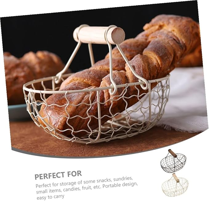 DOITOOL 2pcs Decorative Wire Storage Baskets with Wooden Handles Vintage-style Egg and Fruit Organizer for Kitchen Countertop and Dining Table Compact and Practical Snack Containers