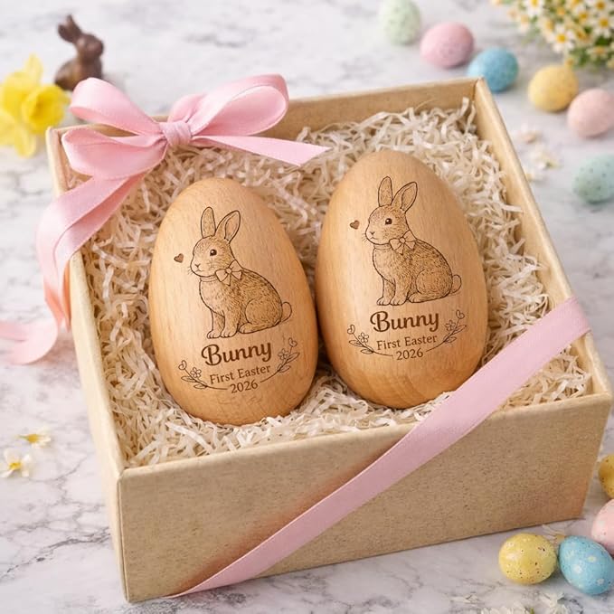 Personalized Wooden Easter Egg – Custom Engraved Bunny Name Egg, Baby First Easter Keepsake Gift, Rustic Wood Bunny Decor, Cute Basket Stuffer for Kids, Spring Holiday Gift for Baby Boy Girl/1