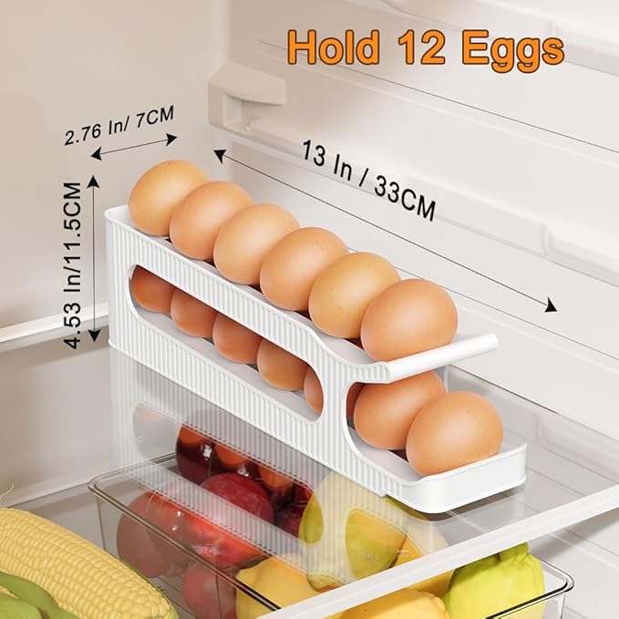Egg Holder for Fridge, 2 Tiers Auto Rolling Forward (Can not Roll Down), Egg Storage Organizer for Refrigerator, Slim Space Saving Container, Dispenser - Egg Roller for Eggs 24 Count, Non-Stackable