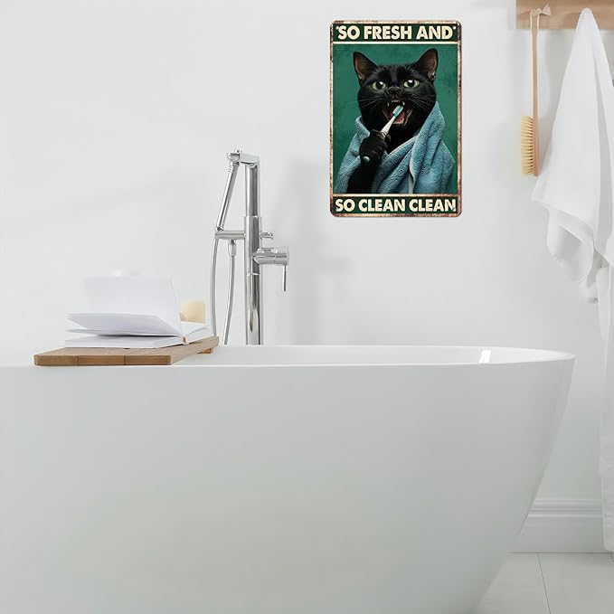 Vintage Black Cat Tin Sign So Fresh And So Clean Clean Retro Wall Decor Decorations for Home Funny Cats Lovers Poster Indoor Store Cafe Toilet Bathroom Restroom Bar Pubs Farmhouse 12 * 8inch
