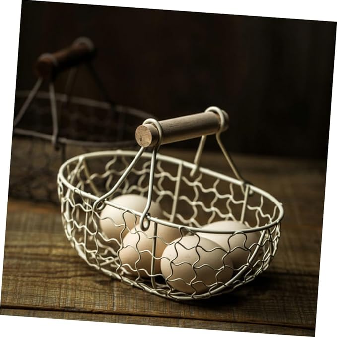 2pcs Vintage Farmhouse Style Wire Fruit and Bread Basket with Wooden Handles Multi-function Kitchen Storage Basket for Eggs and Snacks Gray and Cream for Countertop Organization