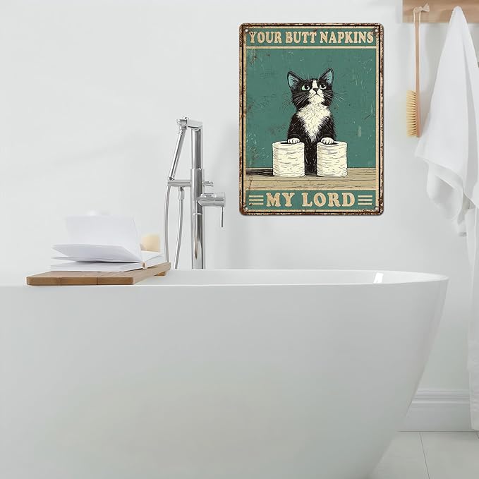 Funny Cat Vintage Metal Tin Sign Your Napkin My Lord for Bathroom Wall Decor 12 * 16inch