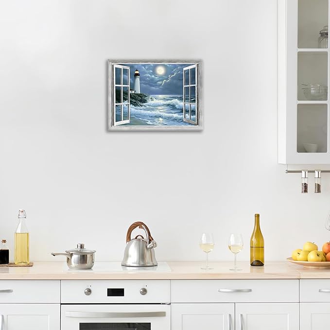 Lighthouse Nautical Wall Art Coastal Beach Pictures Wall Decor Ocean Canvas Prints Window Decorations Painting Framed Artwork Office Home Decor For Bathroom Bedroom Dining Living Room 16"x12"