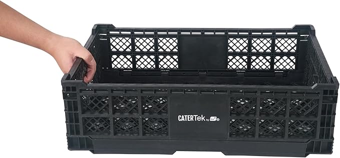 Restaurantware Plastic Milk Crates for Storage - Cater Tek Stackable Storage Buns for Organizing - Collapsible Storage Basket for Groceries, Black