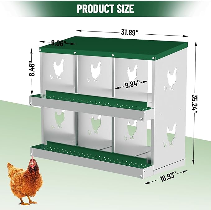 Chicken Nesting Box, 6 Compartment Metal Chicken Nesting Boxes for Chicken Coop, Large Vented Holes Chicken Laying Boxes with Rollout Egg Collection, Wall Mount Chickens Coops