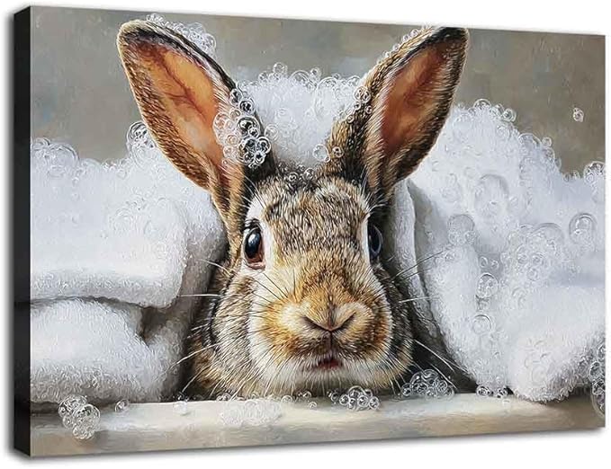 MNFGMH Easter Poster for Wall Cute Bunny Taking a Bath Canvas Print Easter Bathroom Wall Decor for Nursery Kids Room Wooden Frame 16x24 inch