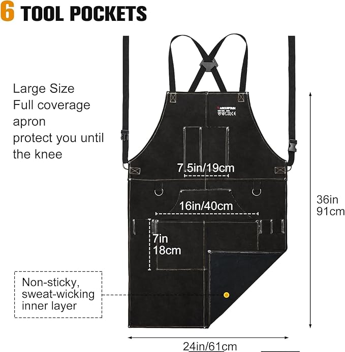 ARCCAPTAIN Leather Welding Work Apron 24" X 36" Heat Flame Resistant Cowhide Blacksmith Aprons with 6 Tool Pockets for Welders Men Women, Adjustable M to XXXL-Black