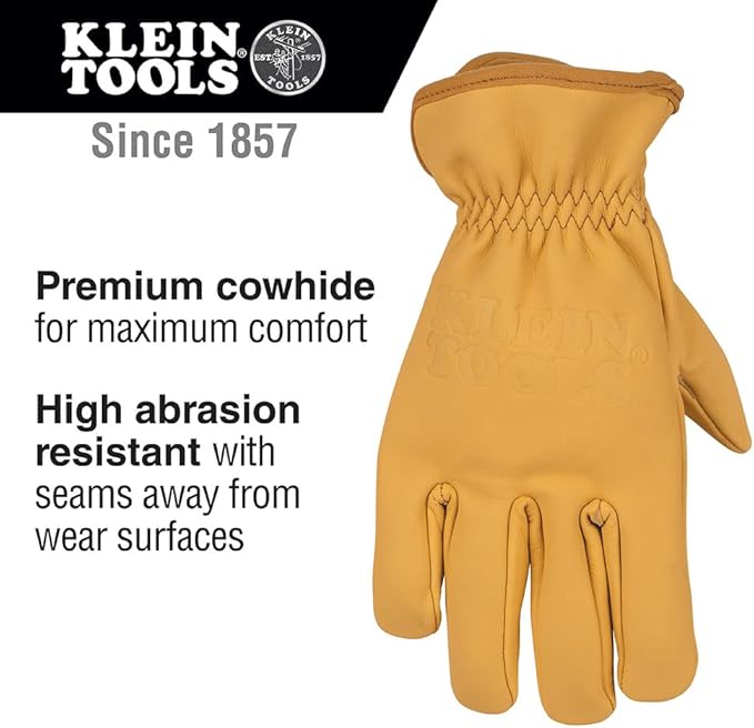 KLEIN TOOLS 60603 Work Gloves, Premium Cowhide Leather Gloves, Abrasion-Resistant Split Leather Palm Patch, Medium