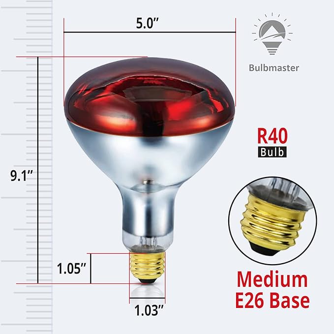 250 Watts R40 Red Heat lamp Light Bulbs Infrared Flood Reflector Incandescent Spotlight for Food Service, Brooder Bulb, Chicken, Pet, Bathroom, Light Therapy 250R40/HR Medium E26 Base 1 Pack
