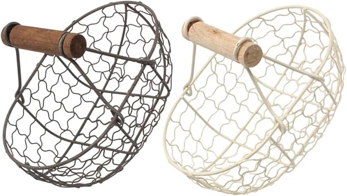 2pcs Vintage Farmhouse Style Wire Fruit and Bread Basket with Wooden Handles Multi-function Kitchen Storage Basket for Eggs and Snacks Gray and Cream for Countertop Organization