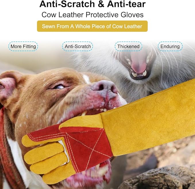 Animal Handling Gloves Bite Proof Scratch Leather Pet Gloves for Cat Dog Bird Snake Handling Veterinarians Groomers Zoo Workers Gray Yellow 23.6 Inches (60cm gray color plus yellow trough to thicken)