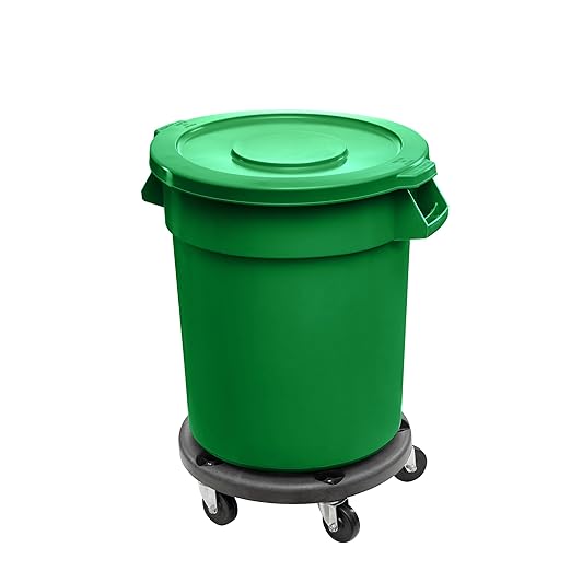 Feed and Seed Storage Container, 32 Gallon Green Round Commercial Trash Can with Lid and Dolly, Food Storage Plastic Bin, Use in Agricultural, Gardening, or Household
