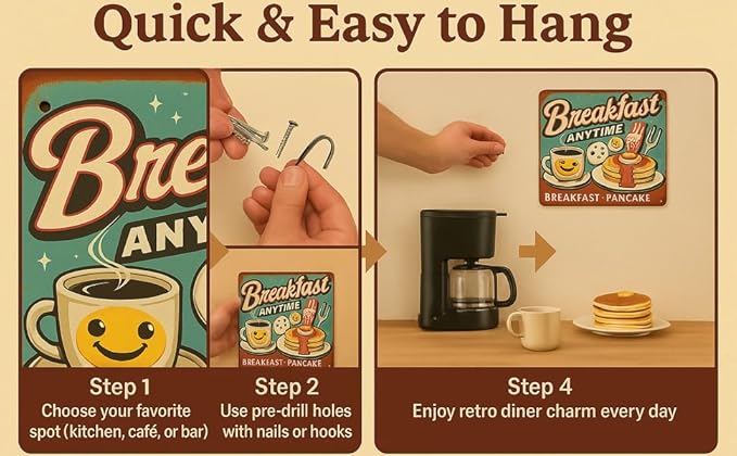 Vintage-Style 8x12" Breakfast Coffee Diner Tin Sign - Durable Iron Metal Wall Art with Easy Hanging, Unique Design for Kitchen, Restaurant, Bar Decor - Perfect Home or Office Gift Idea