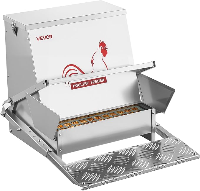 VEVOR Automatic Chicken Feeder, 40 lbs Capacity, Rainproof Treadle Poultry Feeder with Lockable Lid, No Waste, Galvanized Steel Construction, Outdoor Use, for Chicken, Bantams, Poultry, Pheasants
