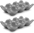 Flexzion Porcelain Egg Crate - 6-Egg Capacity Ceramic Egg Tray, Half Dozen Egg Holder for Fridge, Countertop Display - Gray Decorative Serving Dish and Storage Organizer, 2 Pack