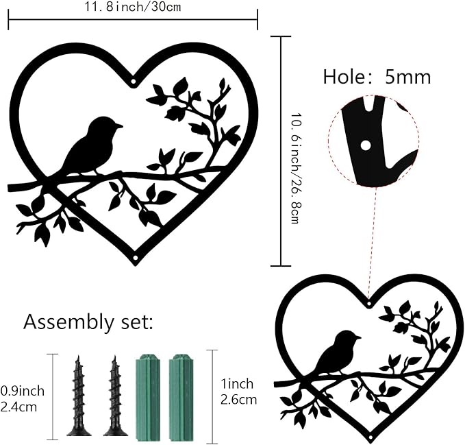 CREATCABIN Metal Bird Wall Art Branch Black Wall Decor Sculpture Birds Love Heart Silhouette Hanging Home Decor Sign Ornament for Home Garden Living Room Bedroom Indoor Outdoor 11.8 x 10.6 Inch