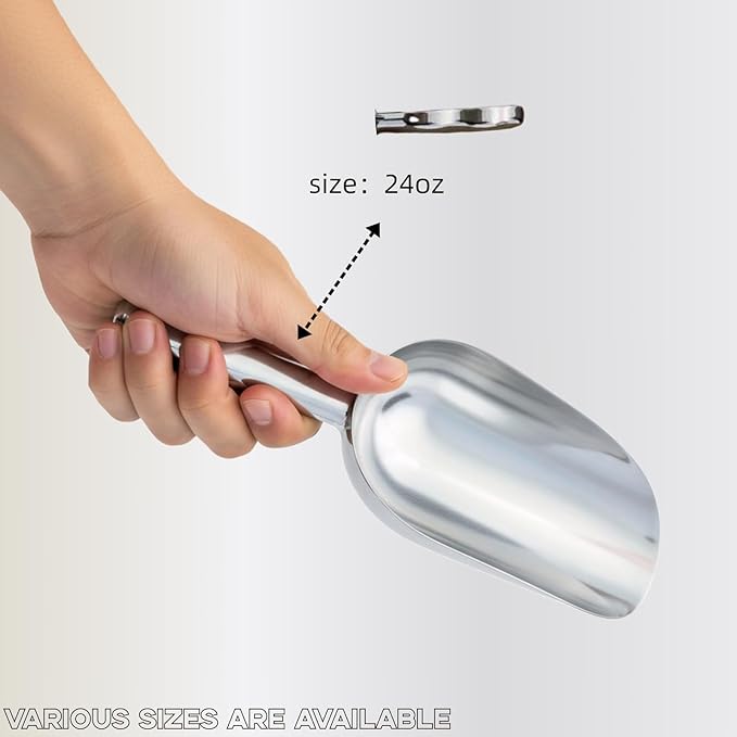 24oz Ice Cube Endurance Scoop, Cast Aluminum Shovel, Kitchen Utility Scoops With Finger Groove Handle, Ideal for Ice Cube, Coffee, Bean, Food, Candy, Flour, Popcorn Rust Free - Silver