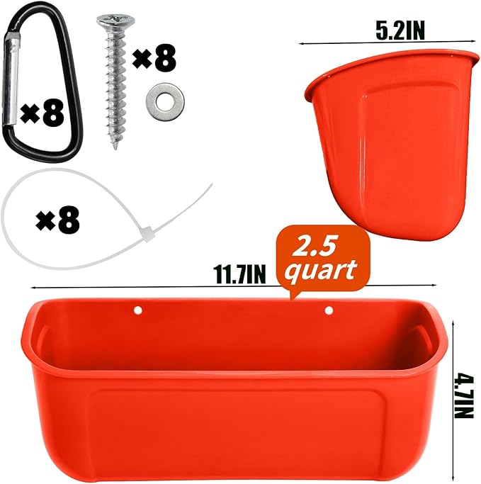Cedilis 4 Pack Hanging Duck Feeder, Chicken Fence Feed Trough with Clips, Poultry Livestock Food Water Feeding Container for Goat, Goose, Rabbits, Sheep, Each Feeder 2.5 Quarts
