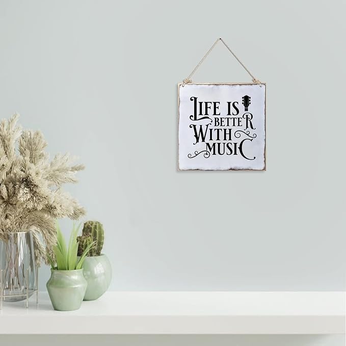 Distressed Look Wood Sign Life is Better with Music Rustic Farmhouse Wooden Sign with Quote Retro Wooden Art Plaque Vintage Wall Hanging Wall Decor for Porch Room House Home Decor Gift for Music Lover