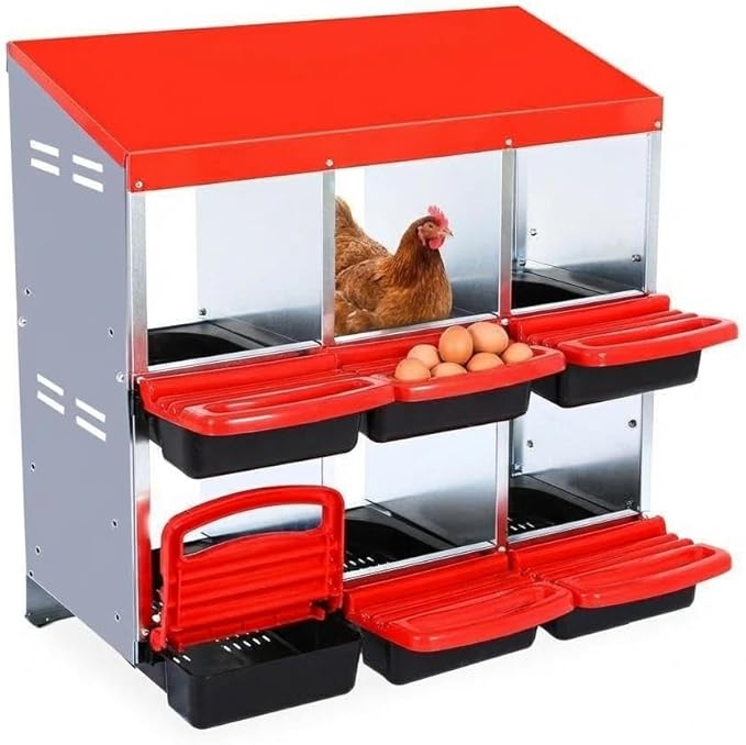 Chicken Nesting Box,Chicken Laying Boxes with 3 Compartment Metal Stainless Steel,Chickens Egg Laying Nest Boxes with Rollout Egg Collection,Chicken Brooder Box with Perch, Red
