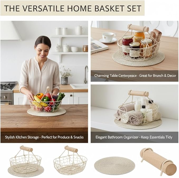 Kitchen Decor Chicken Egg Basket: Egg Basket for Gathering Fresh Eggs, Farmhouse Small Vintage Style Wire Fruit Bread Fresh Egg Holder Countertop, Egg Collecting Basket (White)