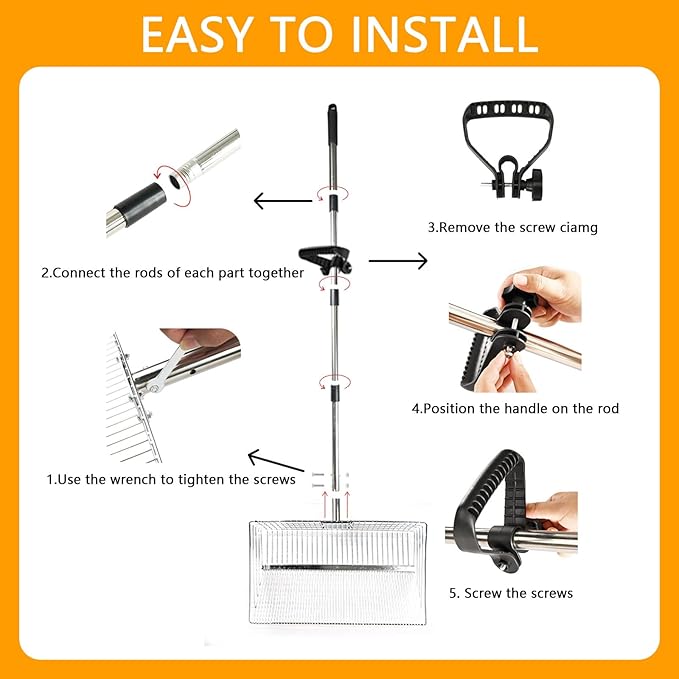 15 Inch Chicken Coop Scoop & Rake 2-in-1, Adjustable Stainless Steel Handle, Chicken Litter Scoop, Large Metal Shovel Head, Sifting Litter Shovel Scoop for Coop Cleaning and Poultry Care