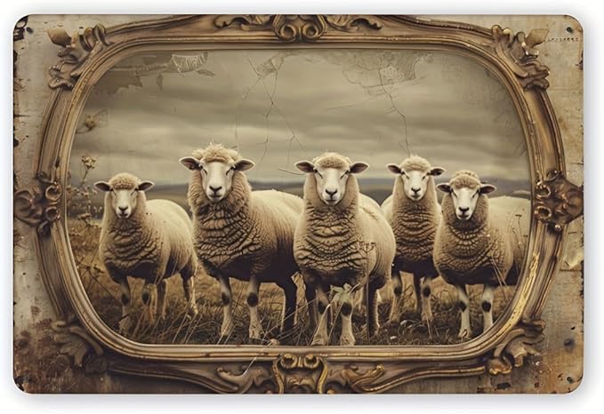 Vintage Farmhouse Sheep Tin Sign - Rustic Metal Wall Art for Home, Bar, Cafe, Restaurant Decor, Easy Hang 12x8 Inches
