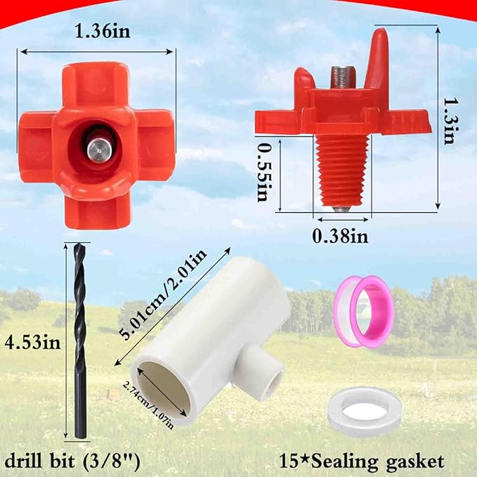 12 Packs Chicken Water Nipples with 1/2'' PVC Tee Fittings, DIY Automatic Chicken Drinking System, Horizontal Side-Mounted Poultry Pacifier Drinking Water Fountain for Poultry