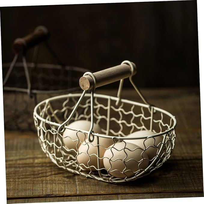 SUPVOX 2pcs Vintage Rustic Iron Wire Fruit Basket with Wooden Handle, Egg and Bread Storage Set for Kitchen Counter, Decorative Farmhouse Style Small Wire Baskets in Dark Gray and Cream