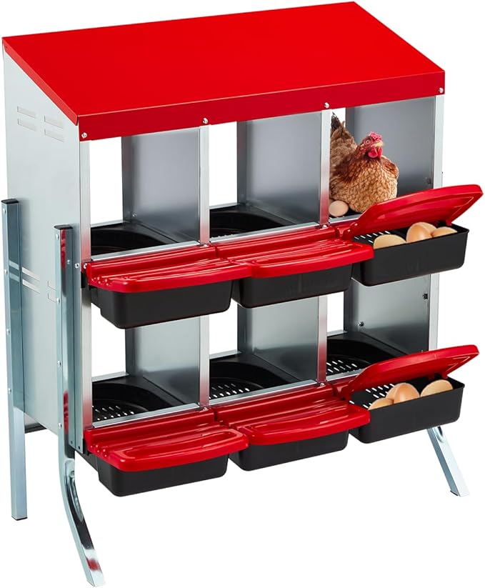 Erinnyees Chicken Nesting Box, 6 Compartment Metal Chicken Laying Box, Hen Brooder Box with Egg Collection for Chicken Coop, Wall Mount or Free Standing, Red