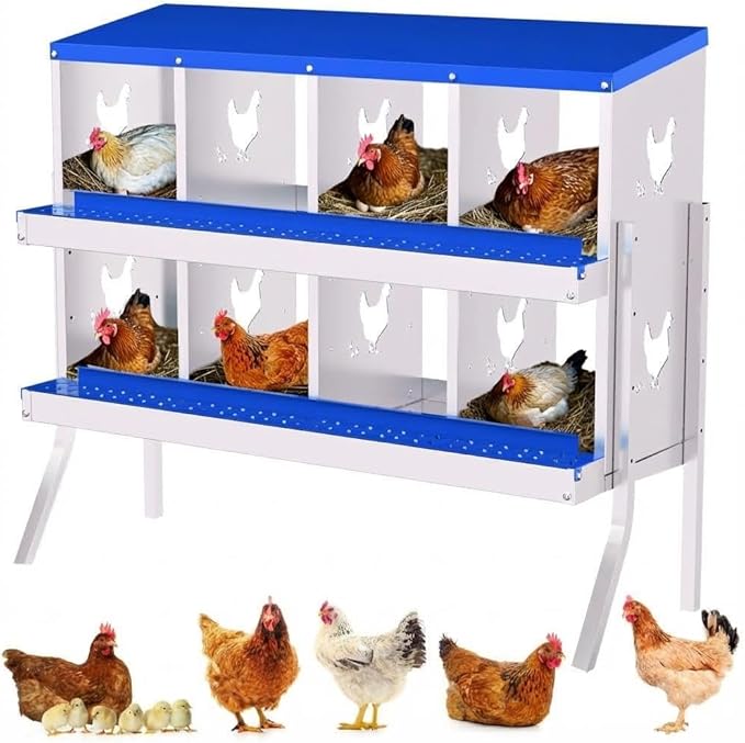 Chicken Nesting Box,8 Holes Galvanized Steel Metal Chicken Laying Box with Automatic Roll-Away Egg Collection System & Removable Tray,Wall Mount Nesting Boxes