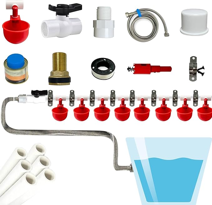 Complete Set Pipeline Automatic Chicken Watering System, DIY Chicken Waterer System with PVC Pipe, Stainless Steel Hose, Chicken Water Cup and Float Valve, Easy to Install(No Bucket Included)