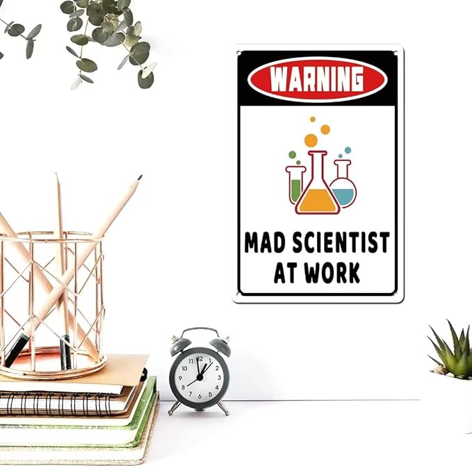 Mad Scientist at Work Funny Wall Decor Tin Sign 12x8 Inch for Home Bar Cafe Pub Farmhouse Garage Bedroom Chemistry Classroom Science Poster Gifts, Boys Gift