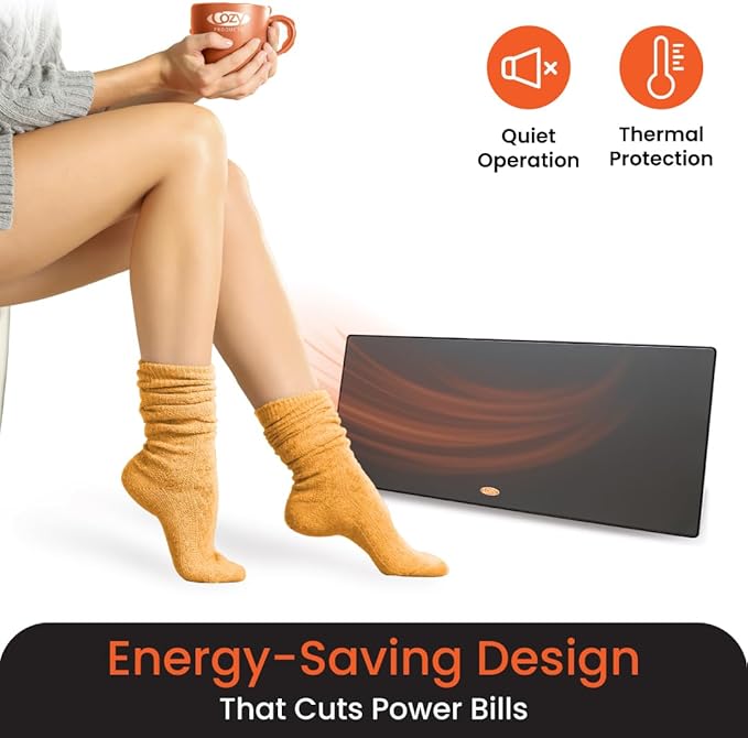 Cozy Products New and Improved Cozy Legs, Flat Panel Space Heater for Home and Office, Portable Heater with Built-in Thermostat, 150-watt, Energy-Efficient, 19" x 8" x 1", 3.2 lbs., Black