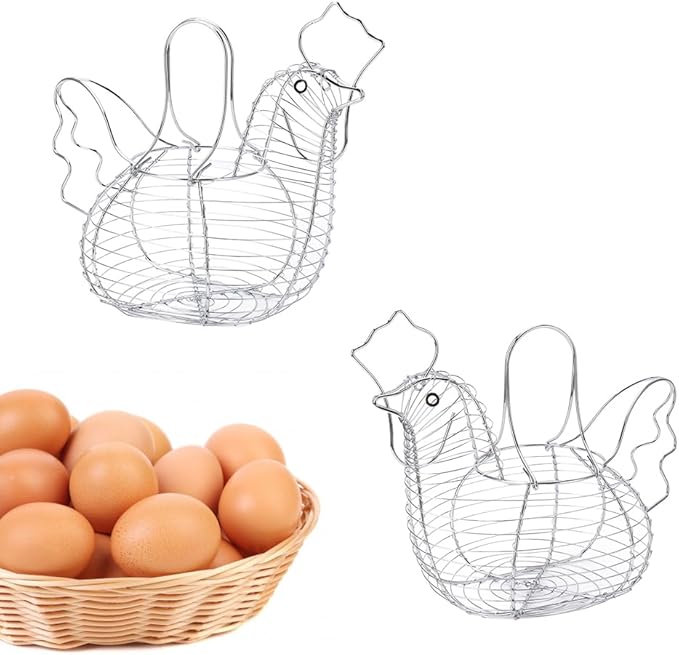 Chicken Egg Basket,Chicken Hen Shaped Wire Egg Storage Basket Holder Rack,Wire Egg Collecting Basket with Handle,Metal Table Top Snacks Organizer Kitchen Gadget (As Shown)