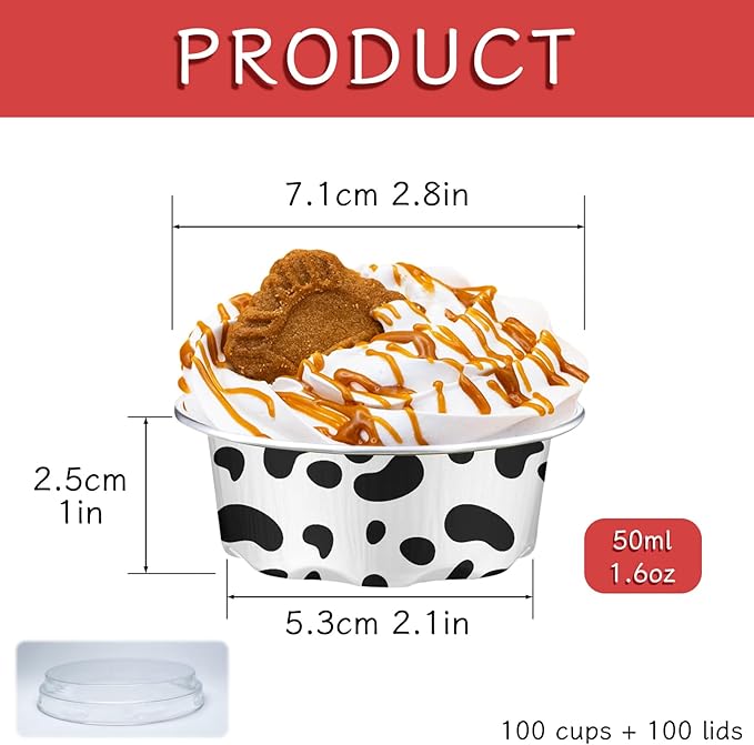 100 Pack Cow Print Aluminum Foil Cups with Lids, 1.6 oz Heavy Duty Ramekins for Baking, Disposable Mini Cupcake Containers for Farm Theme Party, Rustic Wedding, Baby Shower