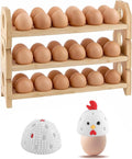Bamboo Egg Holder Countertop with Silicone Egg Cleaner, 3-Tier Egg Holder for 36 Eggs, Stackable Design for Fresh Eggs, Farmhouse Egg Tray Storage Display Rack，Fits Quail, Duck, Chicken Eggs