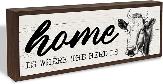 Rustic Home Sign, Home is Where the Herd is Sign, Cow Decors, Farmhouse Wall Decor Art, Funny Front Door Decors, Living Room Decor, Housewarming Gift 9.5x3.1x1 inches