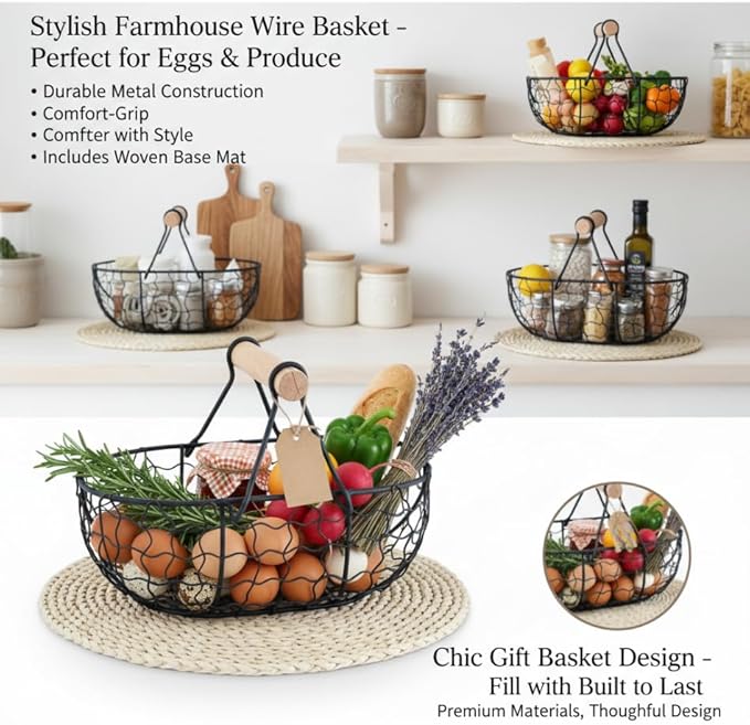 Kitchen Decor Chicken Egg Basket: Egg Basket for Gathering Fresh Eggs, Farmhouse Small Vintage Style Wire Fruit Bread Fresh Egg Holder Countertop, Egg Collecting Basket (Coffee)