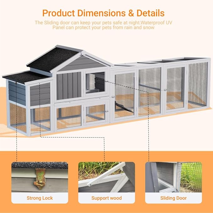 Large Wooden Chicken Coop for Outdoor Use with Run, Waterproof Roof, Anti-UV Protection, Removable Tray, and Nesting Box for 2-4 Hens (Gray + Wood)