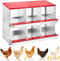 Metal Chicken Nesting Boxes - 8 Hole Wall-Mountable Laying Boxes with Flip-Top Lid & Roll-Away Egg Collection, Weatherproof Galvanized Steel, Includes 8 Fake Eggs for Chicken Coop, Red