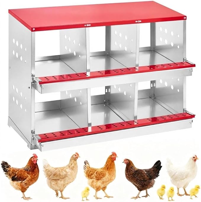 Metal Chicken Nesting Boxes - 8 Hole Wall-Mountable Laying Boxes with Flip-Top Lid & Roll-Away Egg Collection, Weatherproof Galvanized Steel, Includes 8 Fake Eggs for Chicken Coop, Red